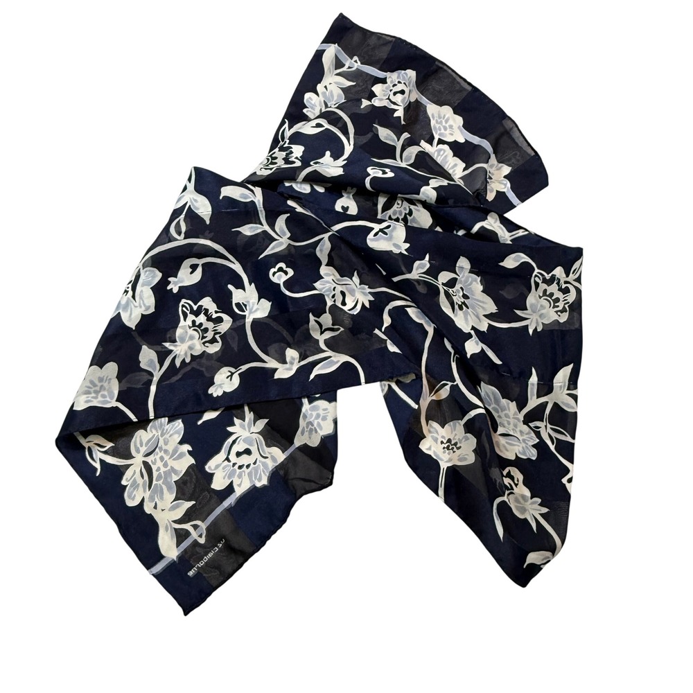 VTG Liz Claiborne Floral Scarf Womens Navy Blue Sheer Academia Classic Grandma